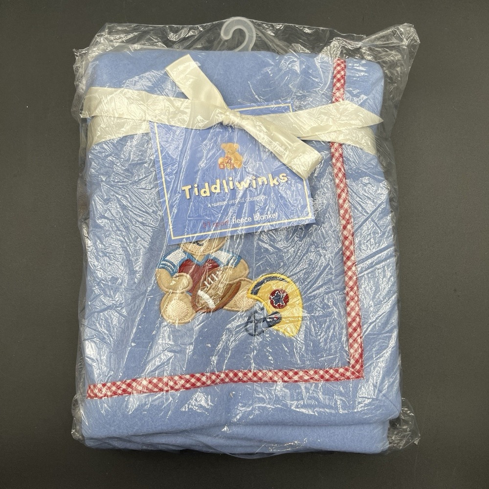 Tiddliwinks Baby Fleece Blanket Blue Teddy Bear Football Sports 30x40 NIP‎